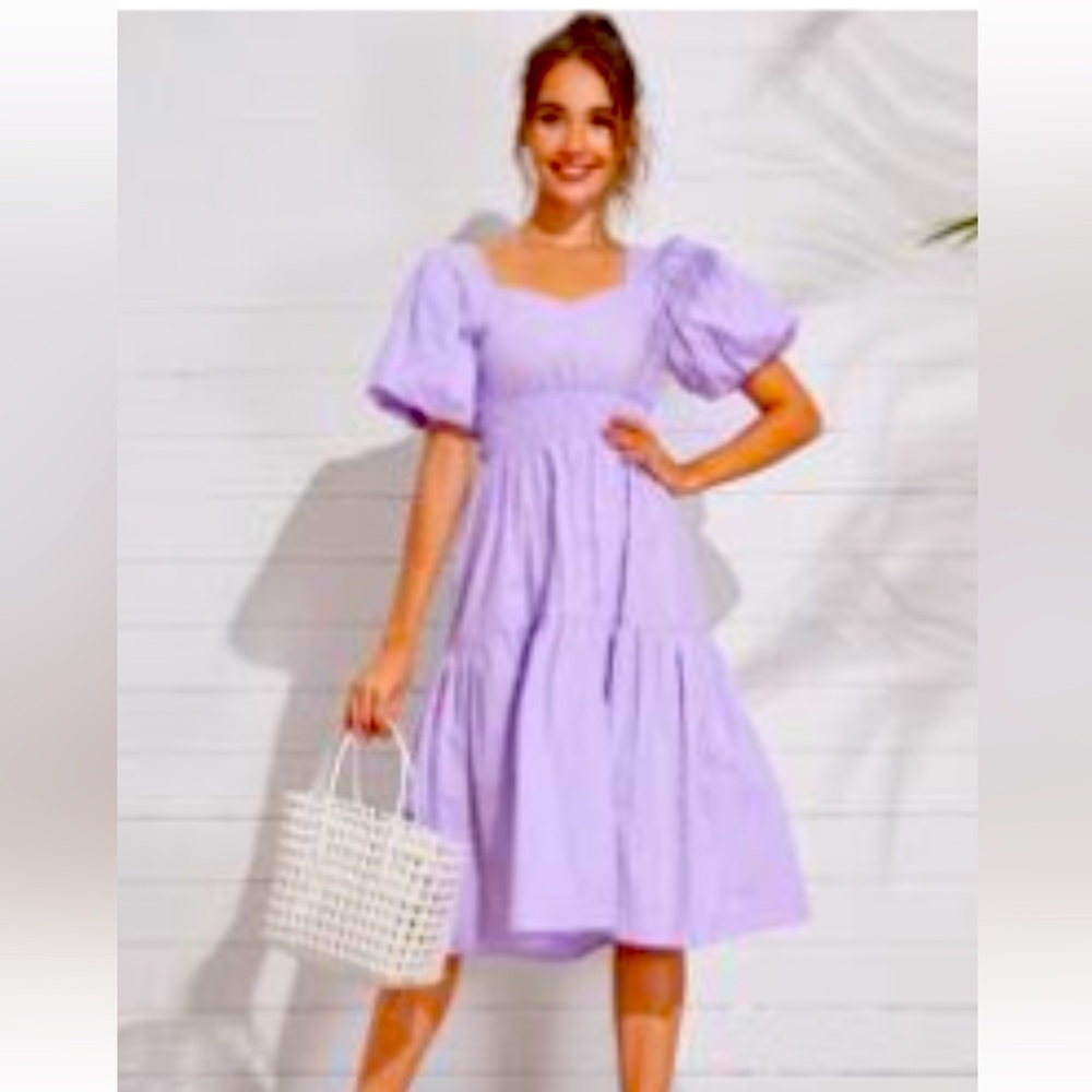 Bishop Sleeved Shirred Waist Solid Purple Dress